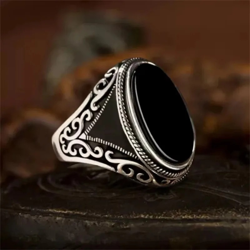 Huajie Men's Retro Turkish Signet Rings Mirror Black Zircon Vintage Silver Carving Islamic Ring Tradition Jewelry Trend