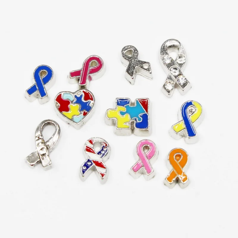 20pcs Breast Cancer Ribbon Autism Care Puzzle Enamels Floating Charms for Glass Memory Lockets DIY Pendants Jewelry Wholesale