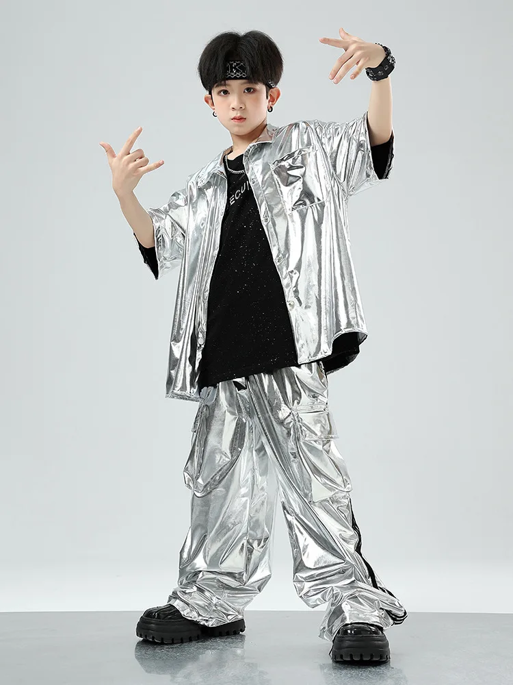 Jungen Hip Hop Silber Jacke Street Dance Cargo Hosen Mädchen Pailletten Coole Streetwear Kinder Jazz Kleidung Sets Kinder Glänzende Kostüme