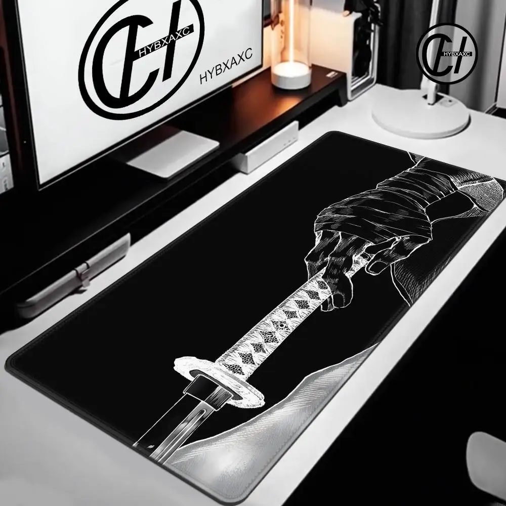 HYBXAXC Samurai Sword Katana Mouse Pad, Black White Anime Desk Mat, High Control Non-Slip, XXL Gaming Mousepad for Gamer