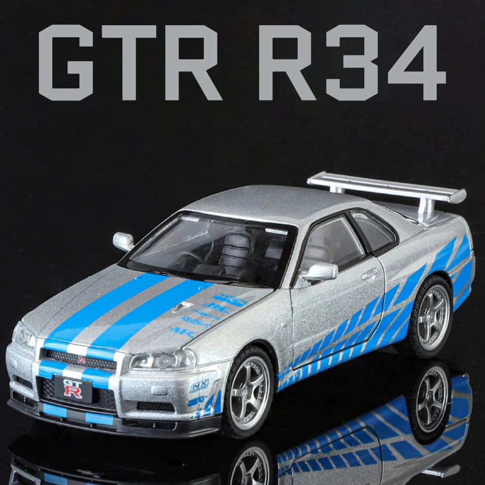 1:32 Scale Nissan SKYLINE GTR R34 Sports Car Model Toy Metal Diecast Pull Back Light Music 4 Doors Opened Vehicle Ornaments Gift