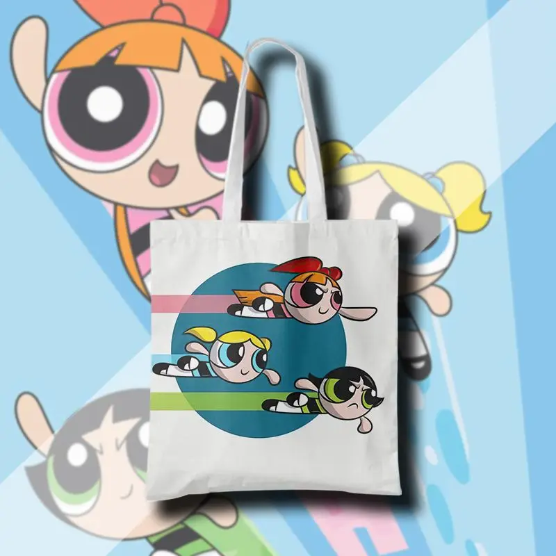 The Powerpuff Girls Canvas Bag for Women Shopper Handbags Large Storage Reusable Cartoon Shoulder Tote Bag School Bags Girl Gift