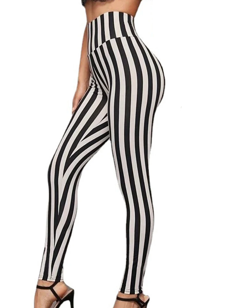 Black White Striped Printed Leggings Sexy Women Fashion High Waist Elastic Gym Workout Pencil Pants Fitness Jeggings