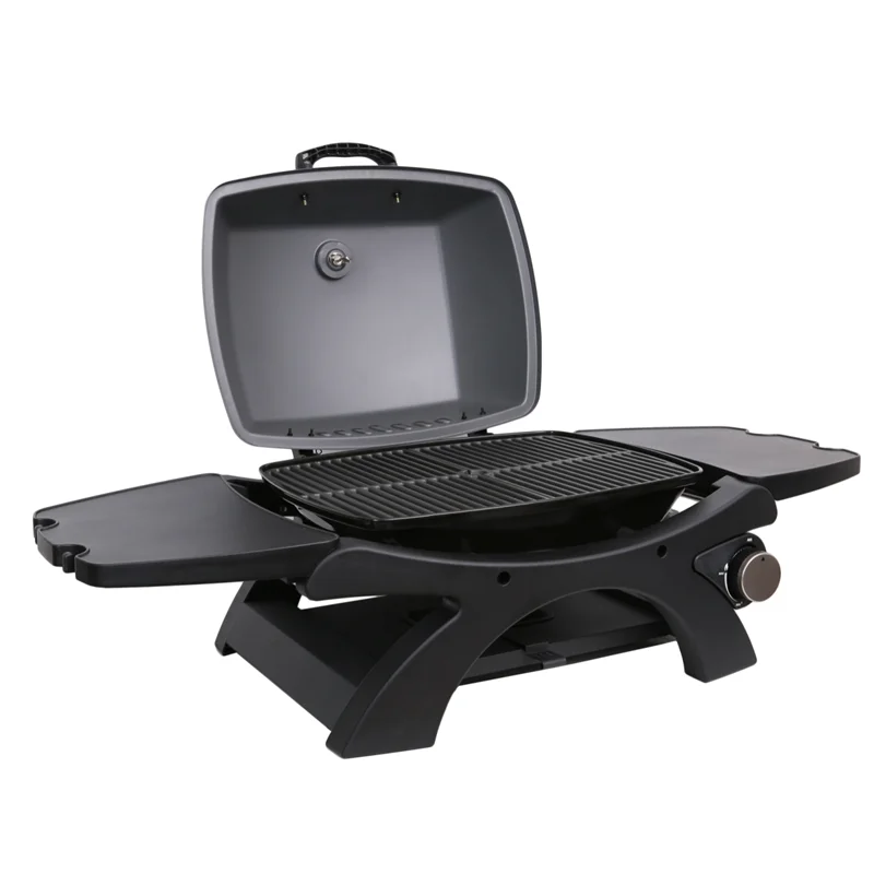 Portable 1-Burner Gas BBQ Grill Powder Coated Modern Style with Foldable Serving Table for Outdoor Camping