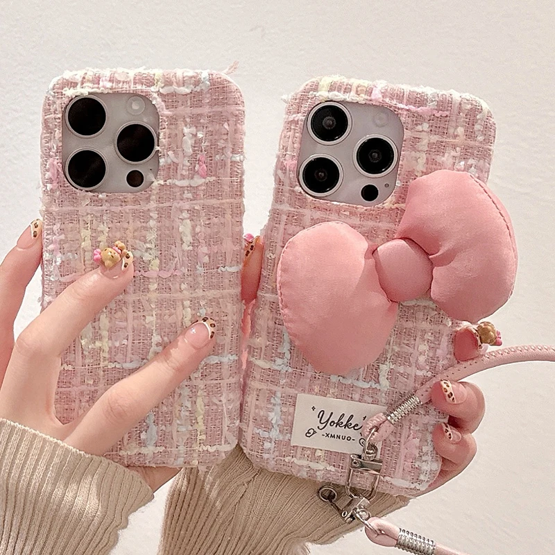 Fashion Pink Plush Weave Texture Bowknot Case For iPhone 16 Pro Max 15 13 14 12 Soft Fabric Phone Back Cover