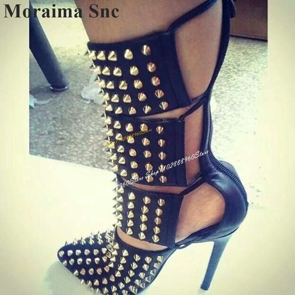 

Mid Calf Black Rivet Decoration Sandal Boots Thin High Heel Women Shoes Back Zipper Pointed Toe 2024 Fashion Zapatos Para Mujere