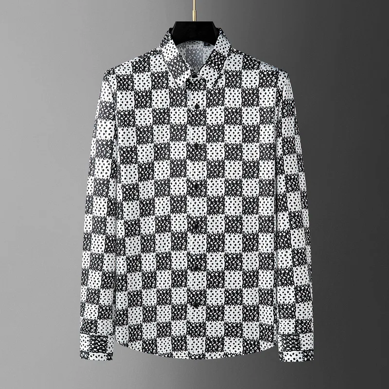 Luxury Checkered Long Sleeved Shirt for Men Fashion Slim Fit Casual Shirts Social Party Business Dress Shirt Camisa Masculina