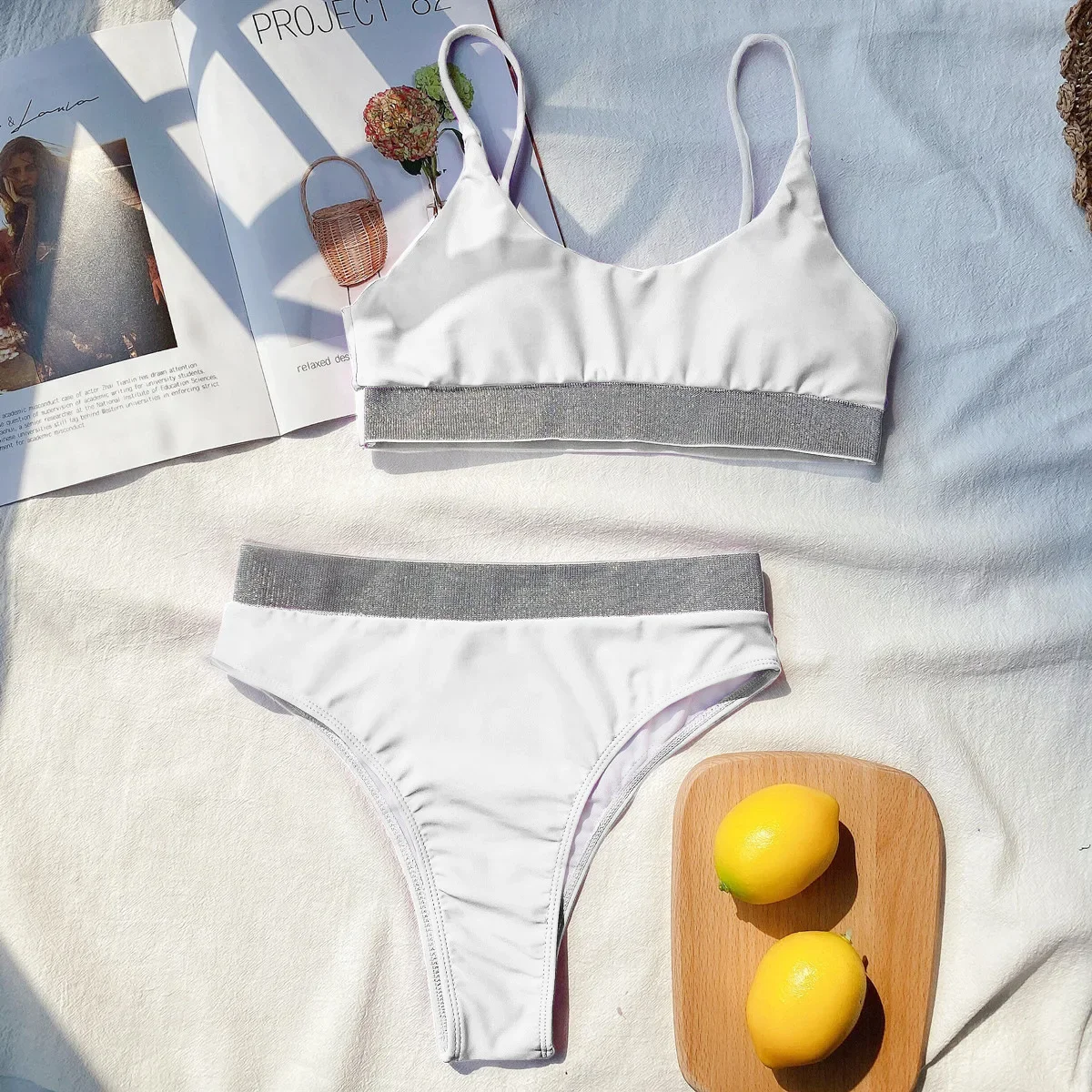 2025 섹시 비키니 여성 푸쉬업 수영복 하이웨이스트 샤이닝 패치워크 솔리드 비키니 세트 수영복 비키니 탑