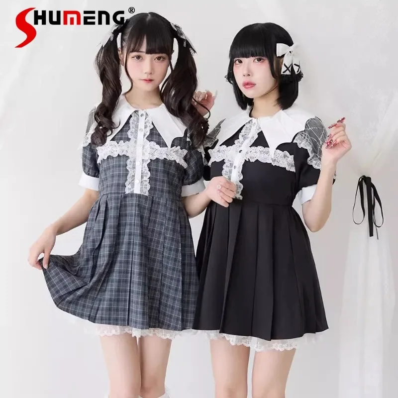 

Japanese Rojita Style SC Mine Series Heavy Industry Dress Lace Splicing Pleated Dresses Bat Collar Cute Sweet Vestidos For Women