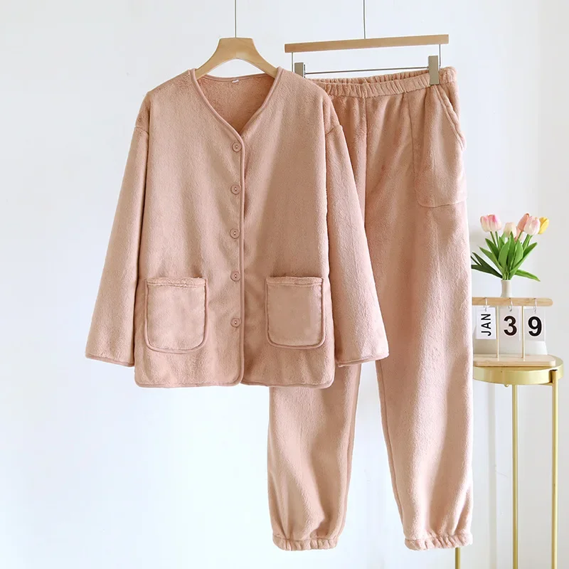 2024 Autumn/Winter New Women\'s Pajama Set V-neck Long Sleeve Long Pants Two Piece Set Coral Velvet Thick Cardigan Home Clothes