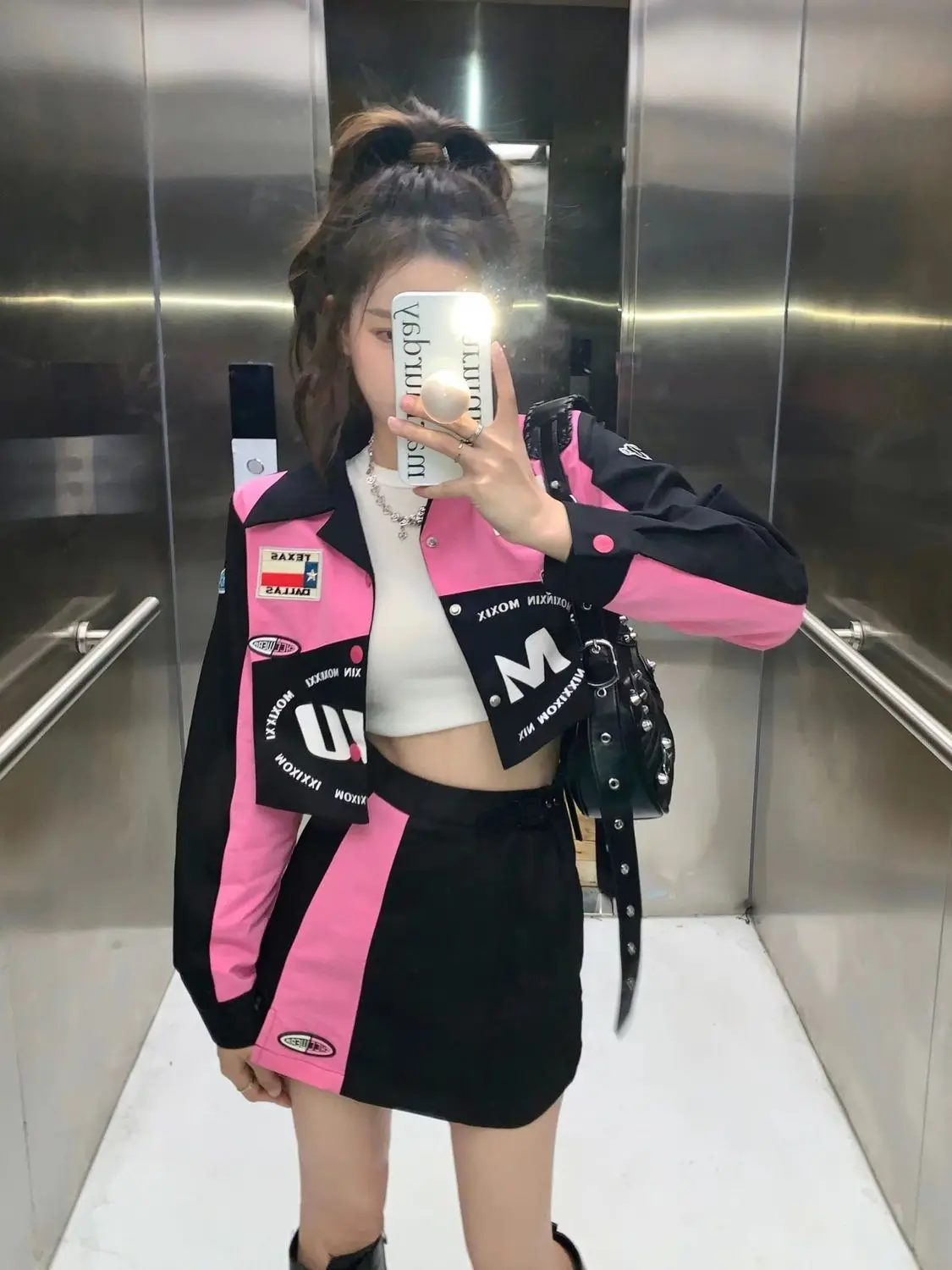 Y2K vintage sweet cool wind motorcycle suit women's short print baseball uniform + skirt skirt hip skirt sexy wear two-piece set