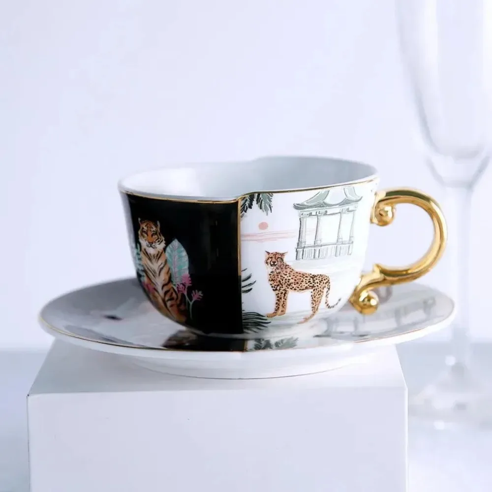 Creative Colorful Tiger Leopard Ceramic Coffee Cup Gold-plated Painted Afternoon Tea Dessert Cup with Dish Home Breakfast Cup