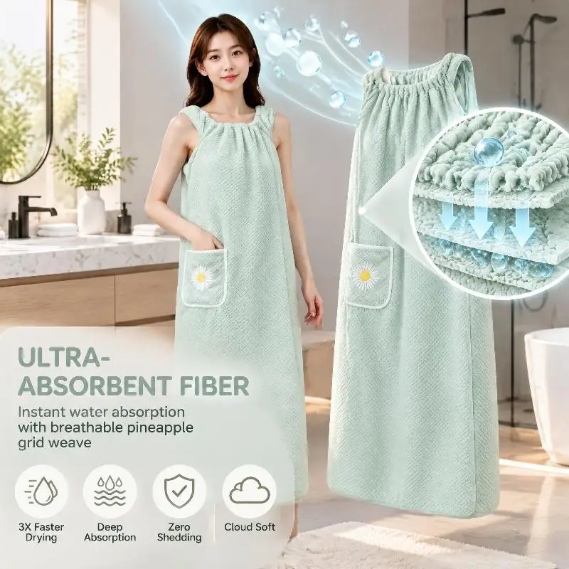 【CC】Women Wearable Bath Wrap Towel Long Washable Bathroom Bathrobe Attractive Color, Easy To Put On And Take Off