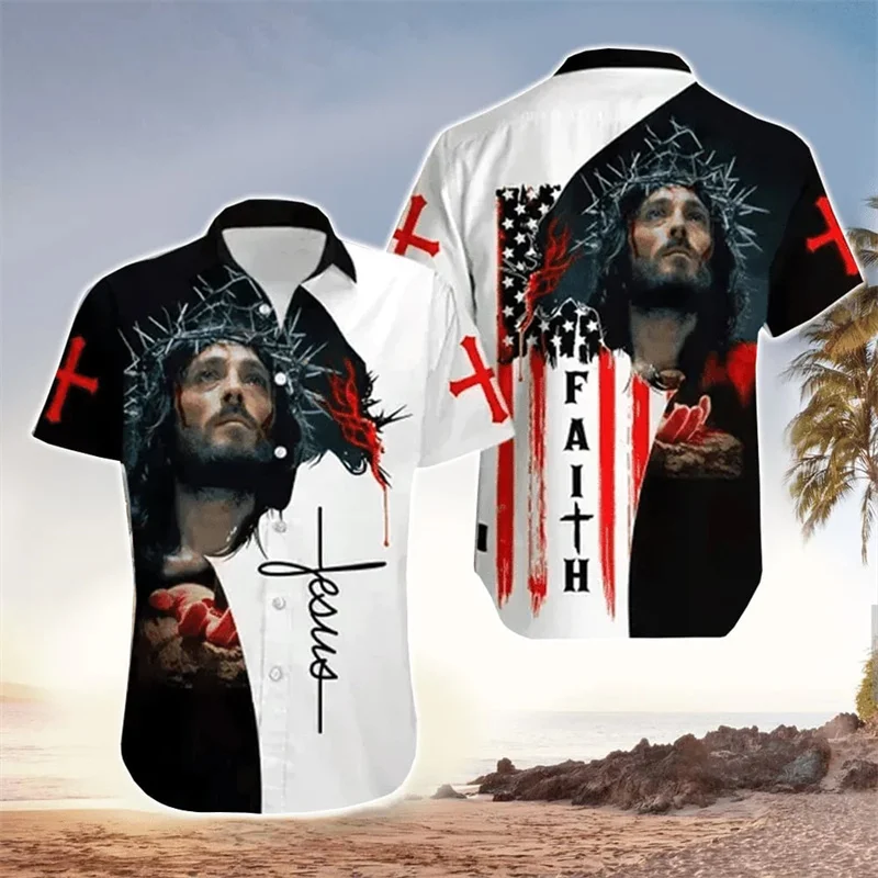 

Jesus And Lion Aloha Hawaiian Shirt Unisex Lapel Short Sleeves Summer Men Women Cool Beach Shirts Floral Shirt Cross Tops