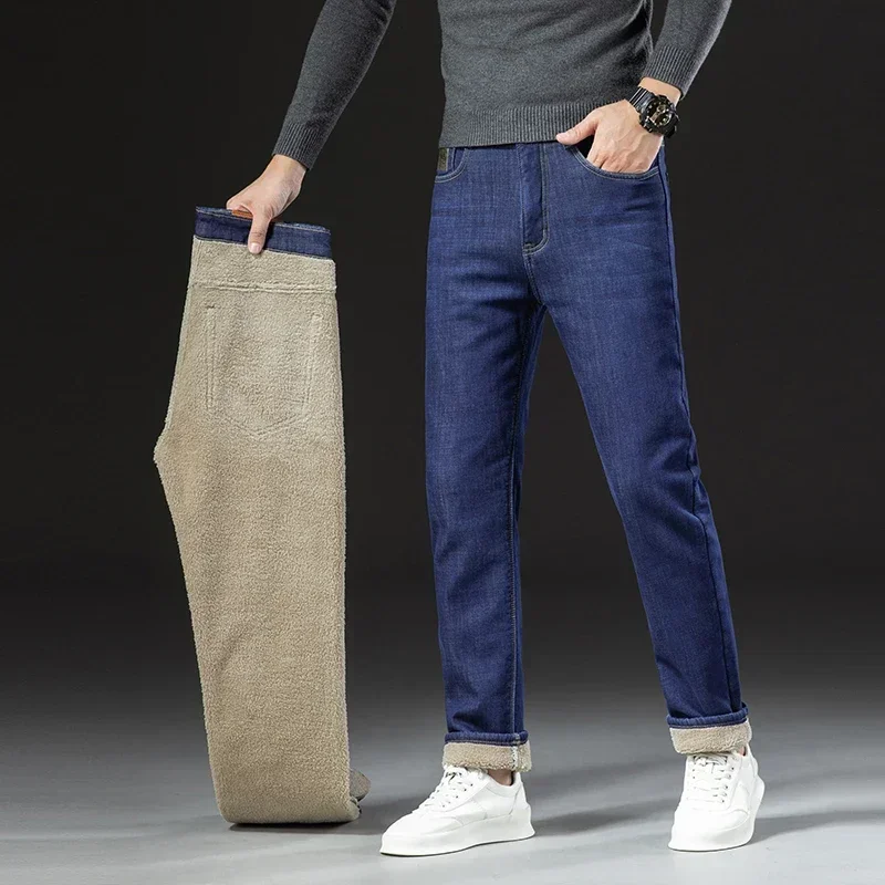 2025 Men's Business Fashion Warm Straight Fleece Jeans Classic Style Winter Thickened Denim Pants Casual Trousers Male