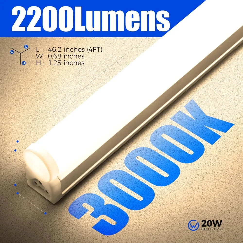 

6 Pack LED T5 Integrated Single Fixture, 4FT, 2200lm, 3000K (Warm White), 20W, Utility Shop Lights, Ceiling - NEW