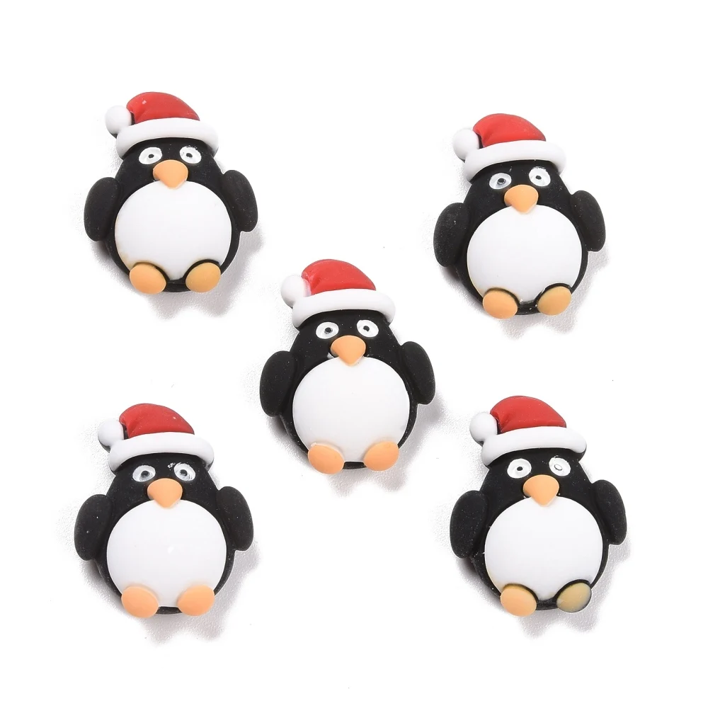 

5pcs Resin Cabochons Christmas Theme Penguin with Christmas Hat Black 23.5x18.5x8mm