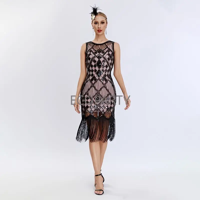 Women 1920s Vintage Sleeveless Flapper Dress Fringe Dress Roaring 20s Great Gatsby Sequins Beaded Wedding Guest Dresses Formal