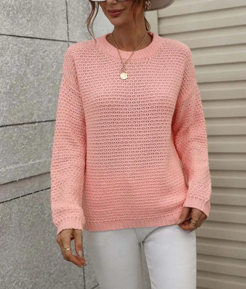 Ladies Autumn Winter Sweater Women Pullovers Crew Neck Solid Textured Knit Fall Sweater Casual Chic Jumper Women's Sweater Tops