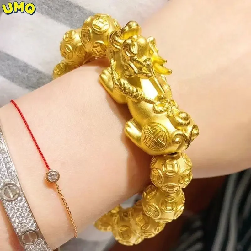 

recommended Plated 100% Real Gold 24k 999 Pixiu Bracelet for Men and Women Fortune Transfer Obsidian Buddha Bead Couple Pure 18K