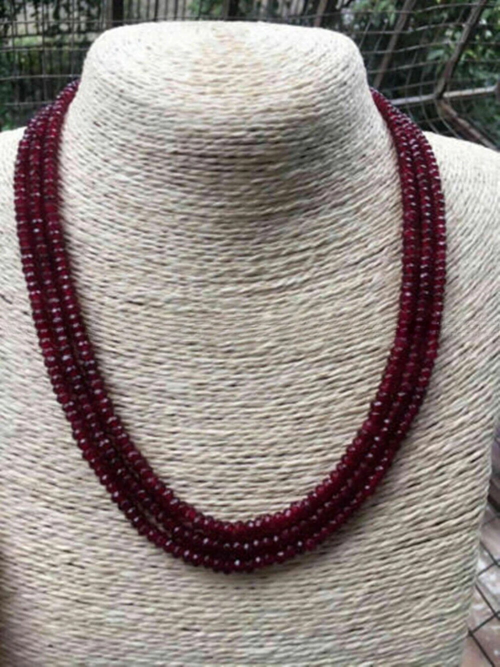 3 Rows Faceted 2x4mm Dark Red Garnet Rondelle Gemstone Beads Necklace 18