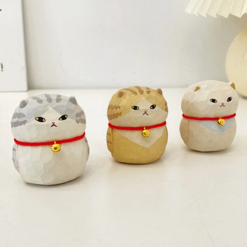 Cartoon Characters Wooden Carving Cat Ornament Crafts Handmade Bell Kitten Ornament Cute Small Small Cat Model Children Toys