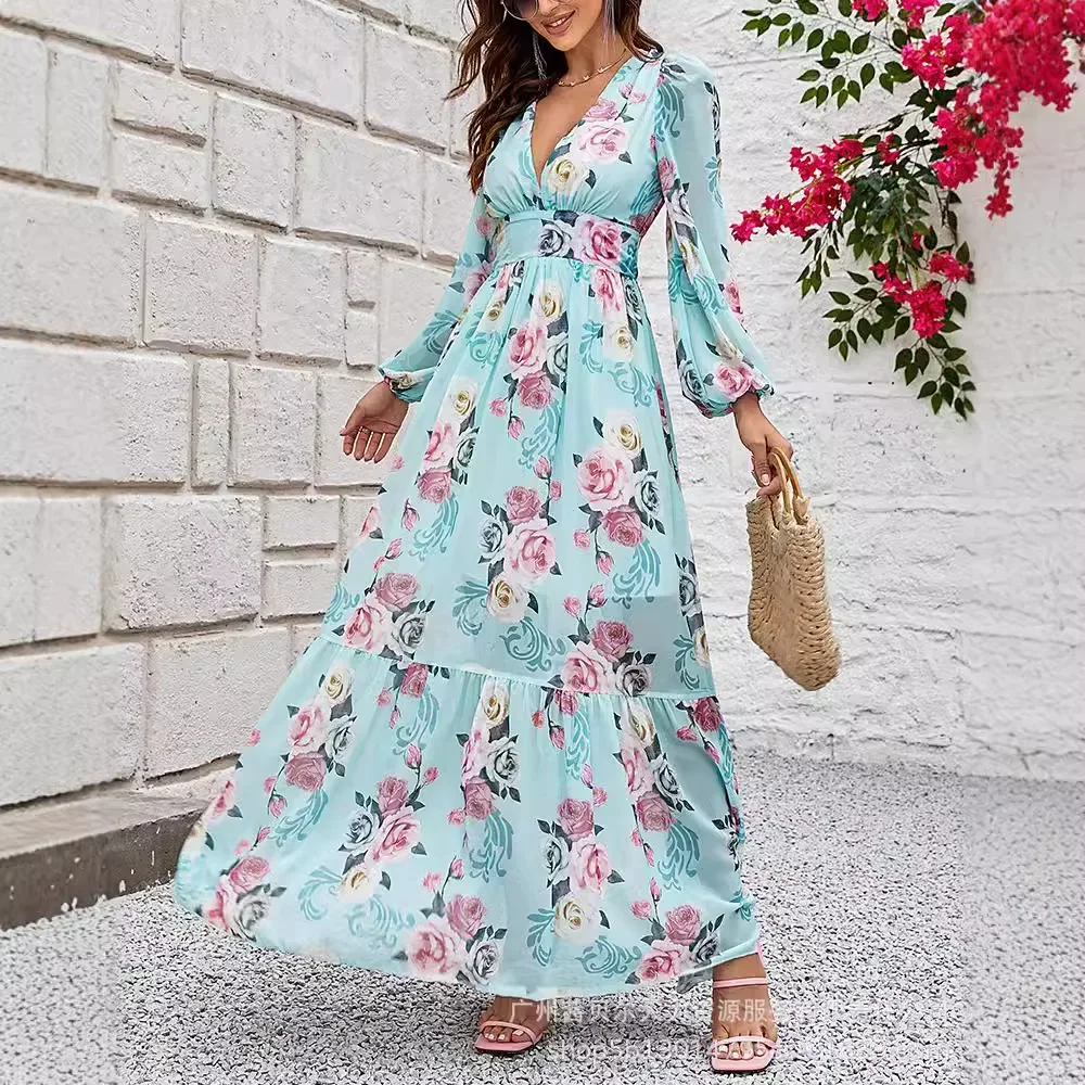 Dress Party Women Print Floral Long Dresses Tight High Waist V Neck Prom Vestidos Full Sleeve A Line Elegant Lady Bohemian