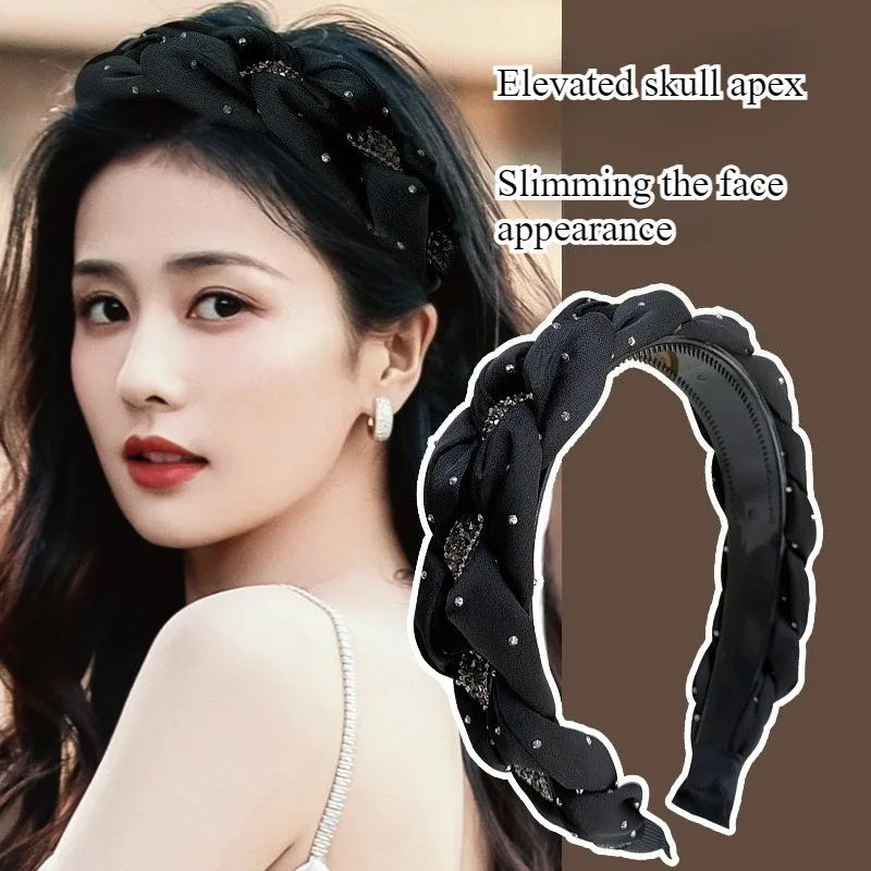 Exquisite Women Headpiece Braided Satin Cloth Hairband with Centering Rhinestones Tape Non Slip Teethed Hair Hoop for Lady