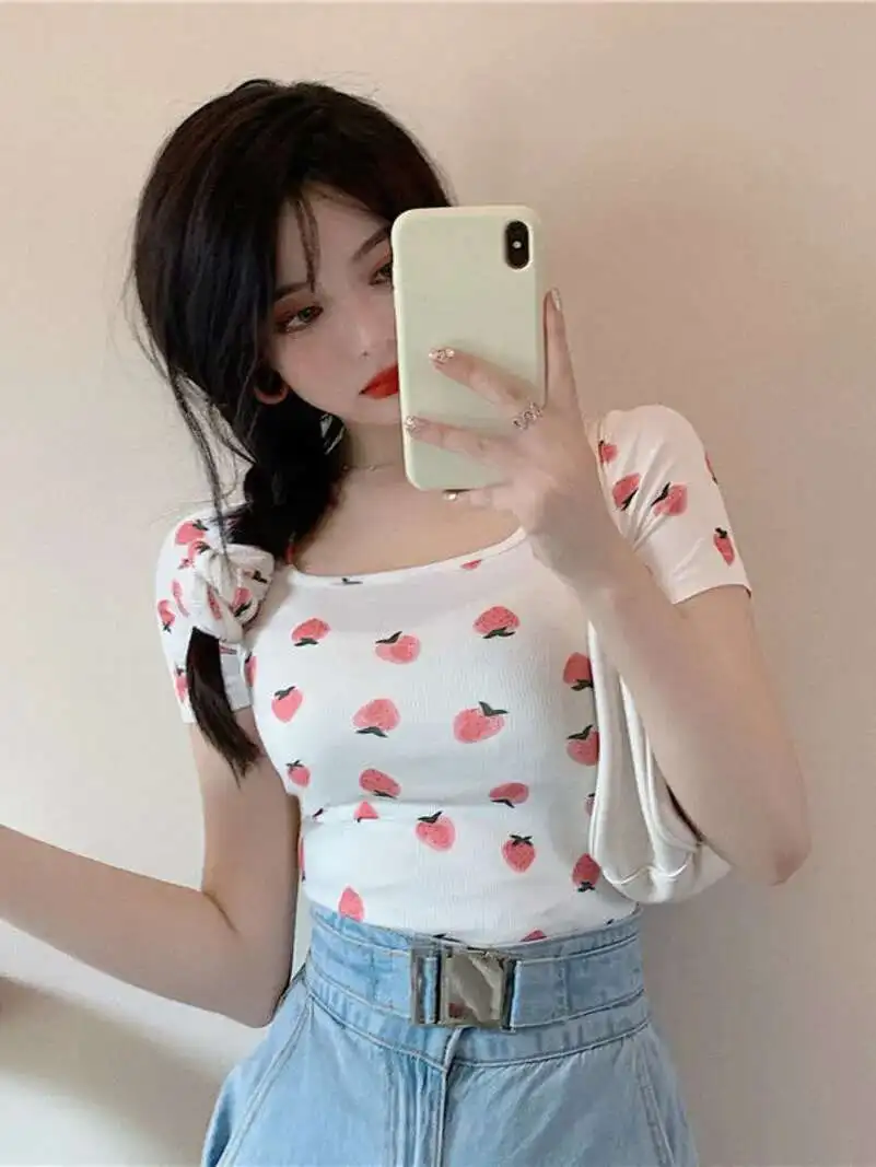 WOMENGAGA スイートクールホットガールセクシースクエアネックショートTシャツ レディース サマー スリムボトムシャツ トップ ガールズ 学生 ファッション スイート LB73