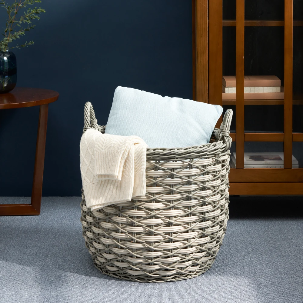 

Cotton Round White Brown Laundry and Storage Basket Bamboo Basket with Handle