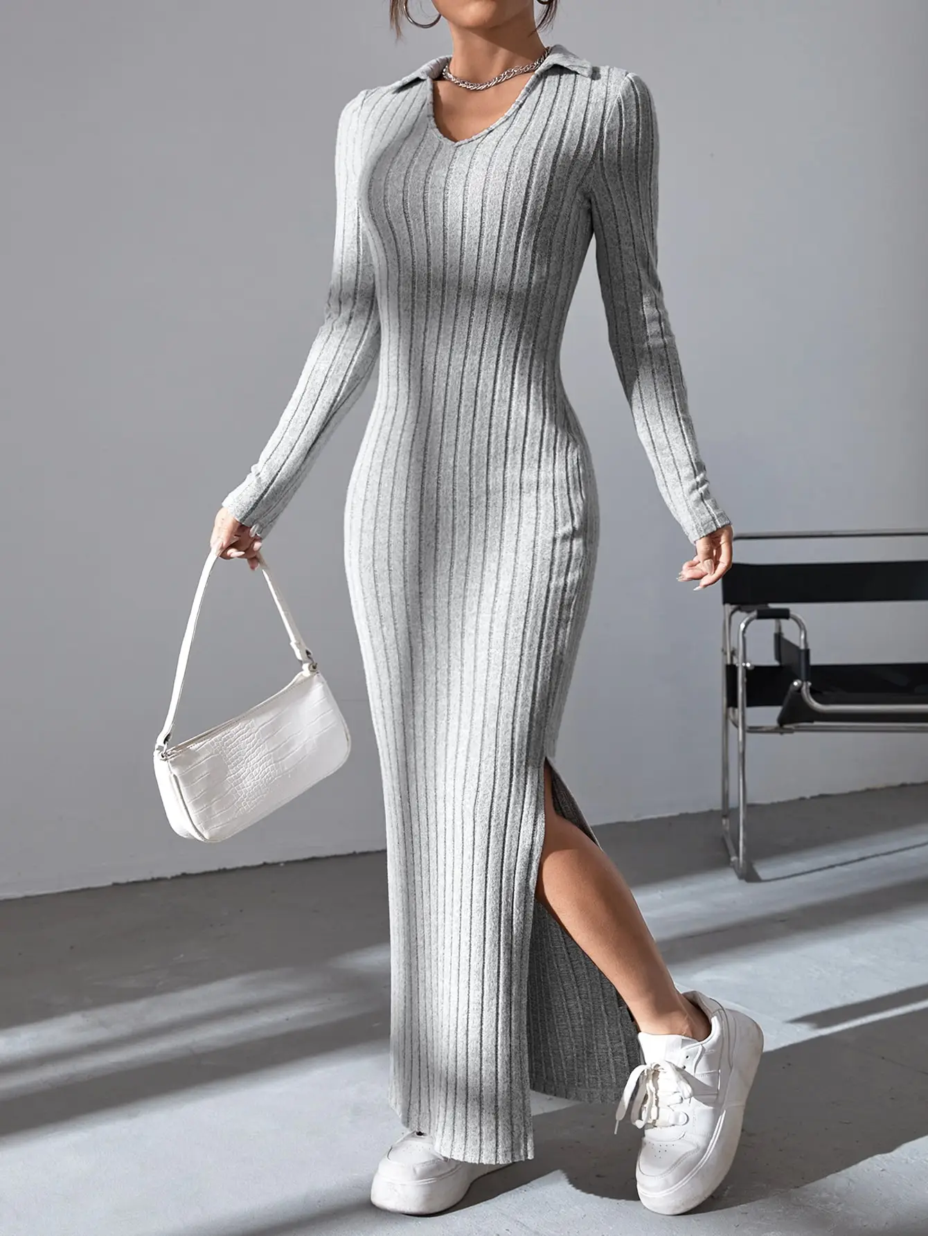 Autumn and Winter Explosive Knitwear V-neck Slim-fit Lapel Pit Strip Tight Inside the Bag Hip Long-sleeved Temperament Dress