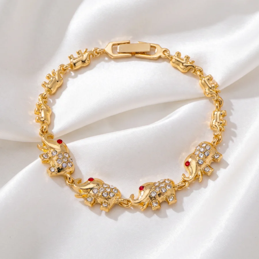 Lucky Fortune Elephant Gold Color Chain Bracelet Rhinestone Red Eye Stone Animal Link Bracelet Fashion Daily Jewelry For Women
