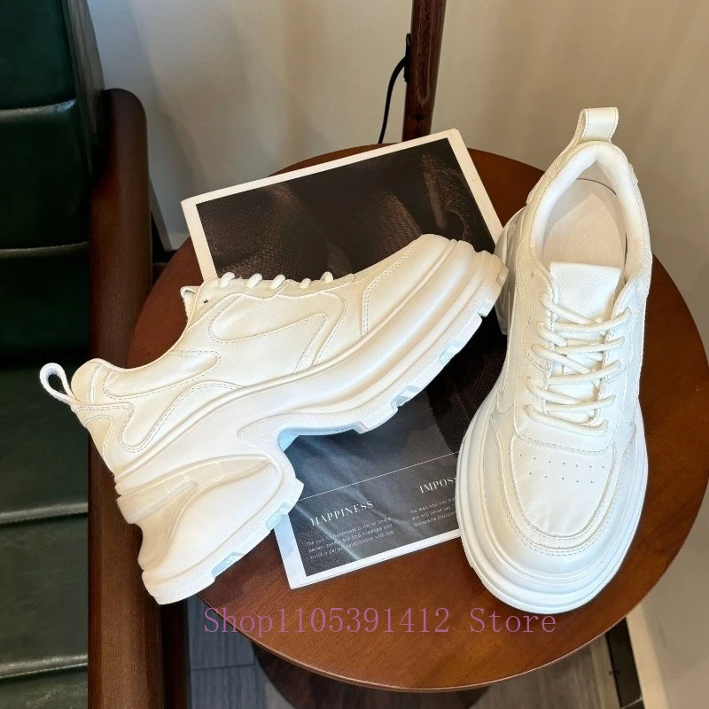 

Genuine Leather 8CM Thick Sole Height-Increasing Chunky Sneakers Women Sports Shoes Korean-Style Lightweight Casual White Shoes