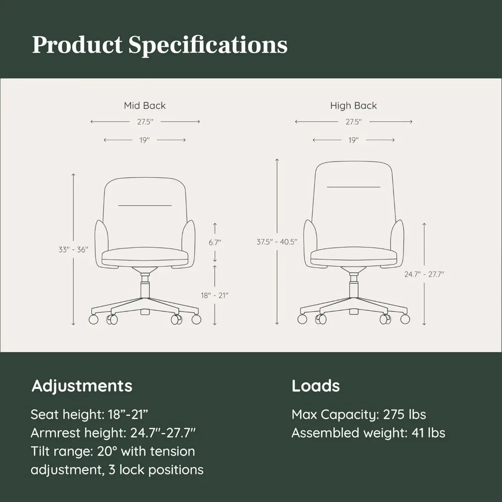 Softside-silla de oficina moderna de mediados de siglo, cuero vegano, brazos extraíbles y diseño de espalda alta