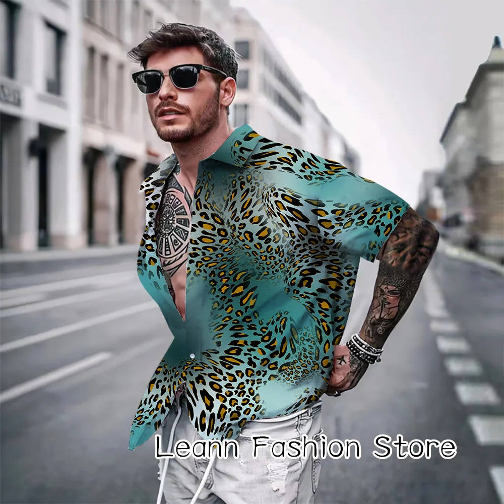 Men Summer Colorful Leopard Shirt Male Fashion Daily Short Sleeve Clothing Luxury Streetwear Casual Hawaiian Vacation Shirt