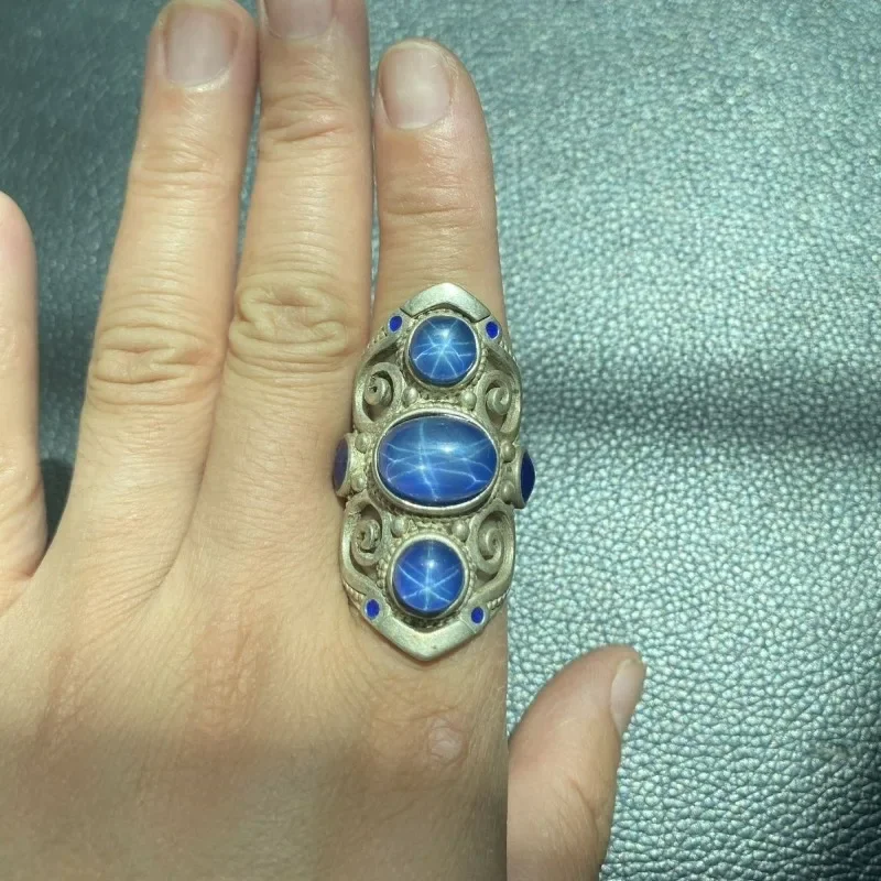 Vintage Collectible Old Silver Cloisonne Thumb Ring, Star Sapphire Inlaid Adjustable Unisex Retro Statement Jewelry Gift