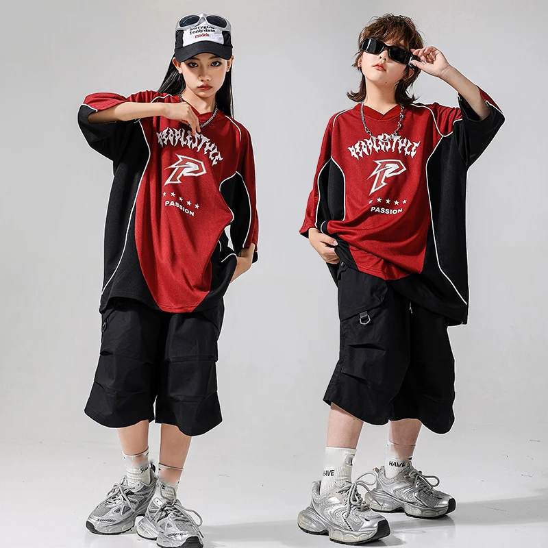 

2025 Children Modern Jazz Dance Costumes For Girls Loose T-Shirt Black Shorts Hiphop Outfits Boys Hip Hop Dance Clothes DQS19578