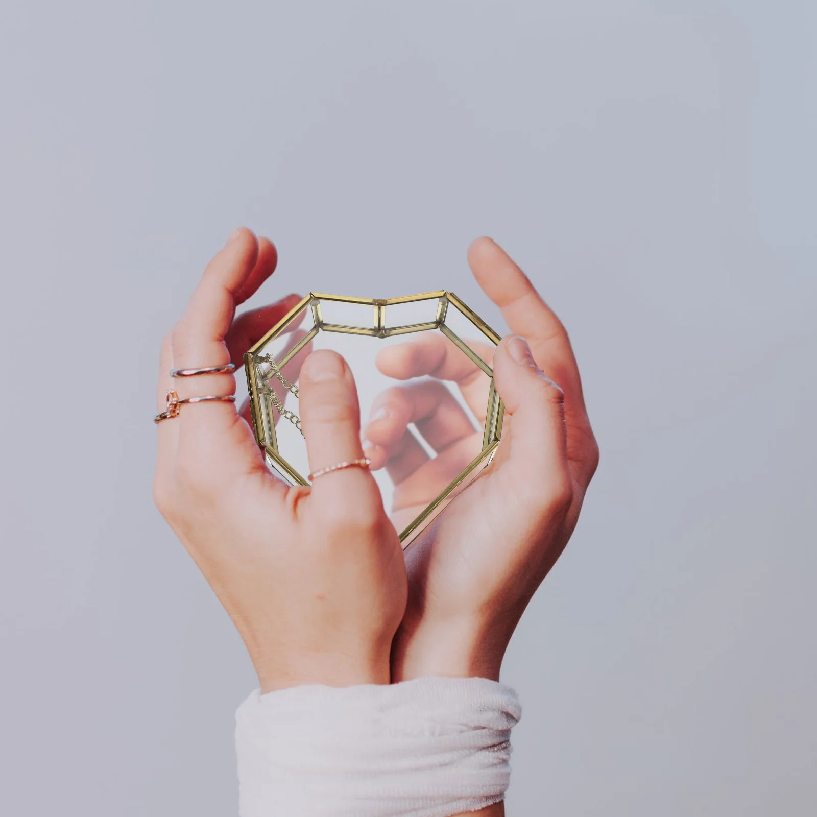 Glass Jewelry Box Heart Shaped Gold Brass Frame Small Jewelry Organizer Wedding Keepsake Display Tray Glass Box