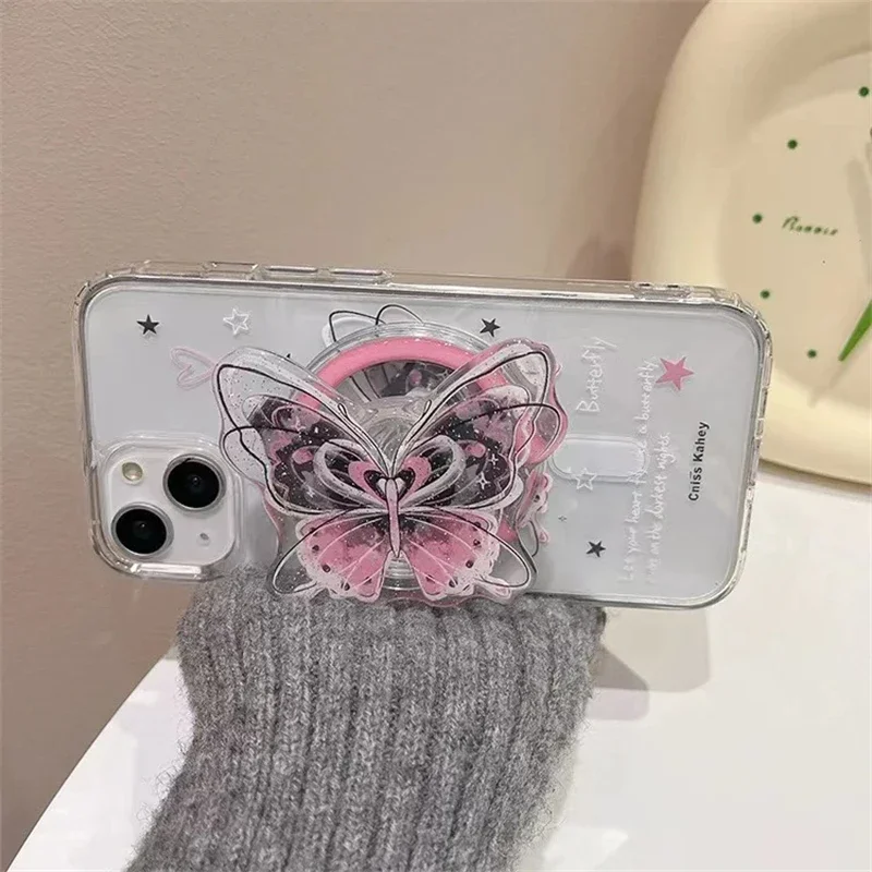 Korean Style Pink Butterfly Magsafe Magnetic Phone Stand GripTok Bracket for iPhone 17 16 15 14 13 Series Mobile Accessories