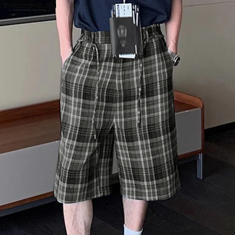 

INCERUN мужские шорты в клетку, летние пуговицы, повседневные мужские шорты в корейском стиле, уличная одежда, 2025 г., винтажные свободные мужские шорты, S-5XL