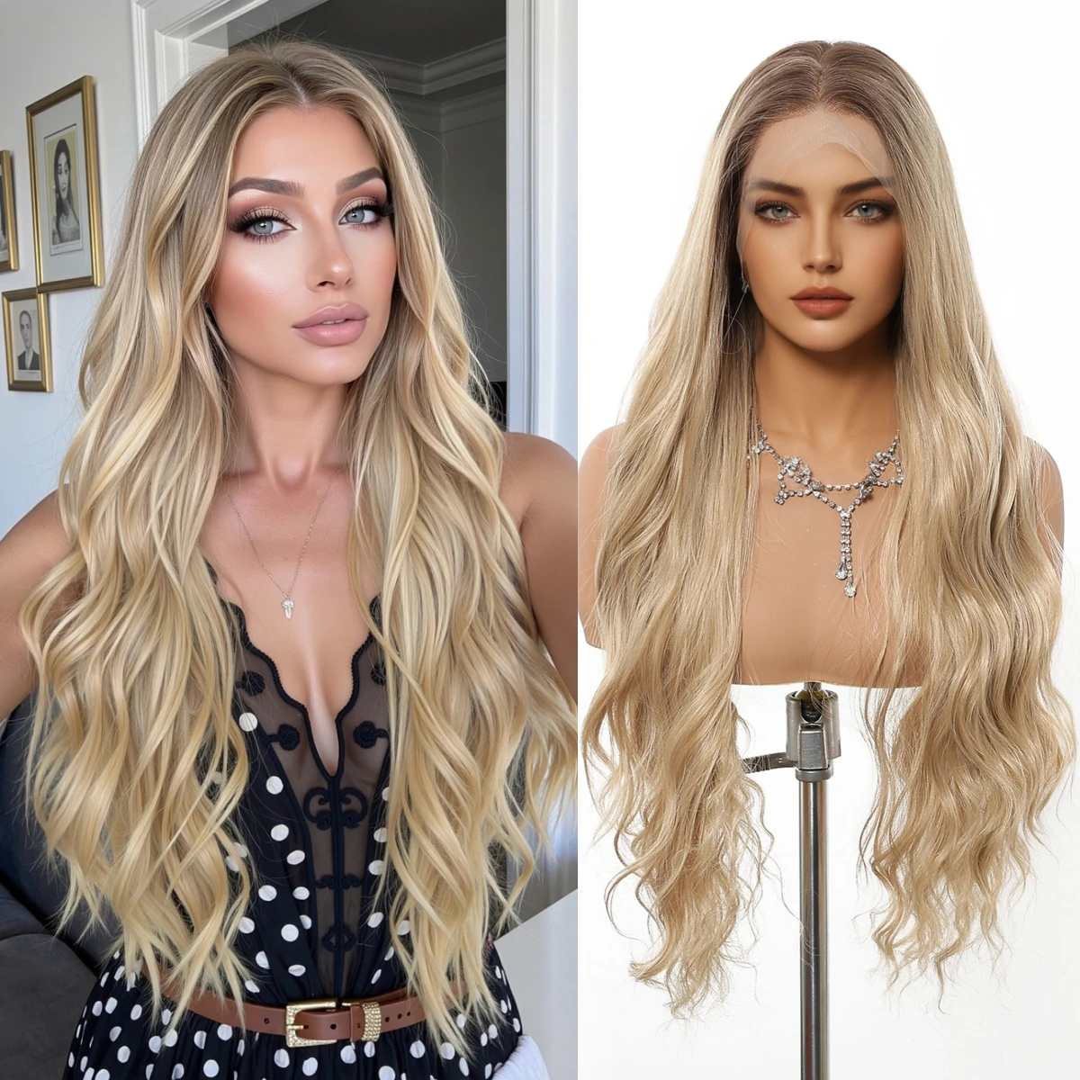 HAIRCUBE Blonde Brown Ombre Synthetic Wigs 13*3.5 Lace Frontal Wigs Long Body Wave Daily Party Wigs For Women Natural Hairline