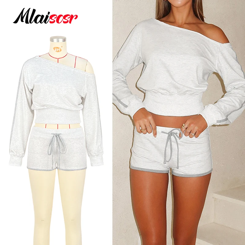 

Mlaiscsr повседневные осенние женские комплекты из 2 предметов, наряды Off Showlder, укороченный топ с длинными рукавами и шорты с наклонным воротником, уличная спортивная одежда