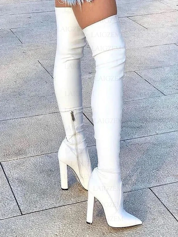 ZHIMA Women Thigh High Boots Pointed Toe Thick Square High Heels Boots Over Knee Elastic Ladies Shoes Woman Plus Size 43 45 47