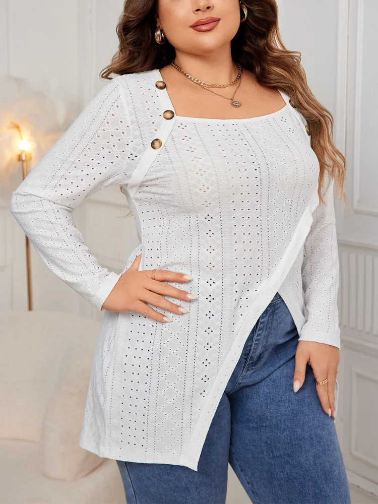 GIBSIE Plus Size White Square Neck Button Women Shirts 2024 Autumn New Hollow-out Long Sleeve Irregular Hem Tops And Blouses