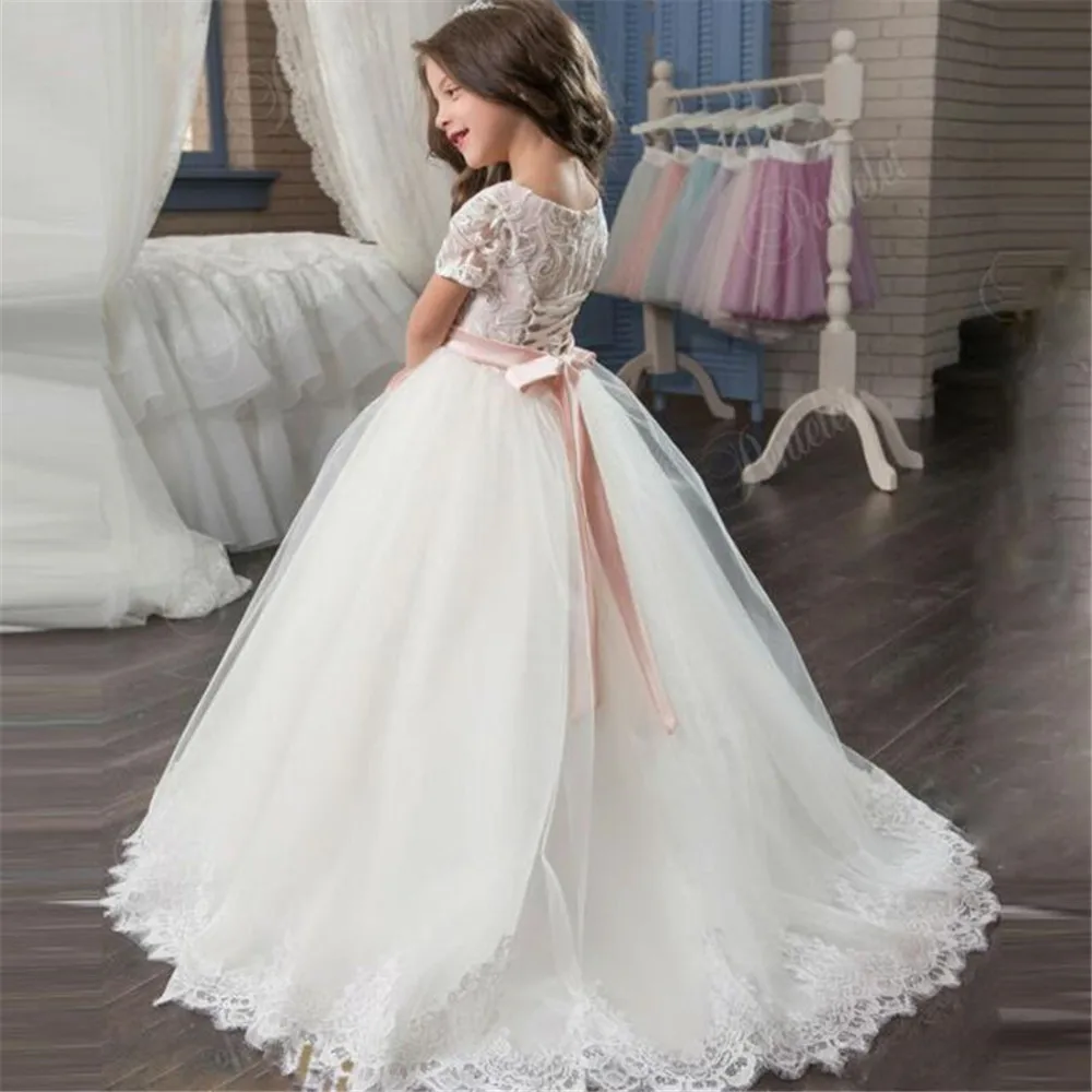 

Flower Girl Dresses White A-line Skirt Appliques Sequin With Tailing Long Sleeve For Wedding Birthday Banquet Princess Gowns