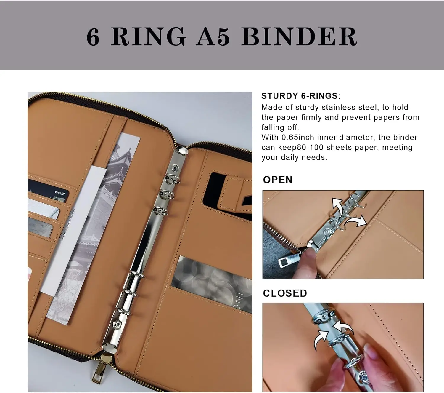 مجلد A5 جديد مع حامل هاتف، غطاء مجلد ميزانية من جلد البولي يوريثان، 6 حلقات غطاء مخطط للكمبيوتر المحمول قابل لإعادة الملء مع سحاب