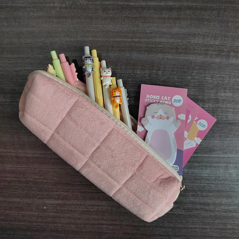 15pcs Pencil Bag Set - Includes 1pc Pillow Pencil Case, 10pcs Ballpoint Pens, 4pcs Sticky Notes, Large Capacity Stationery Box