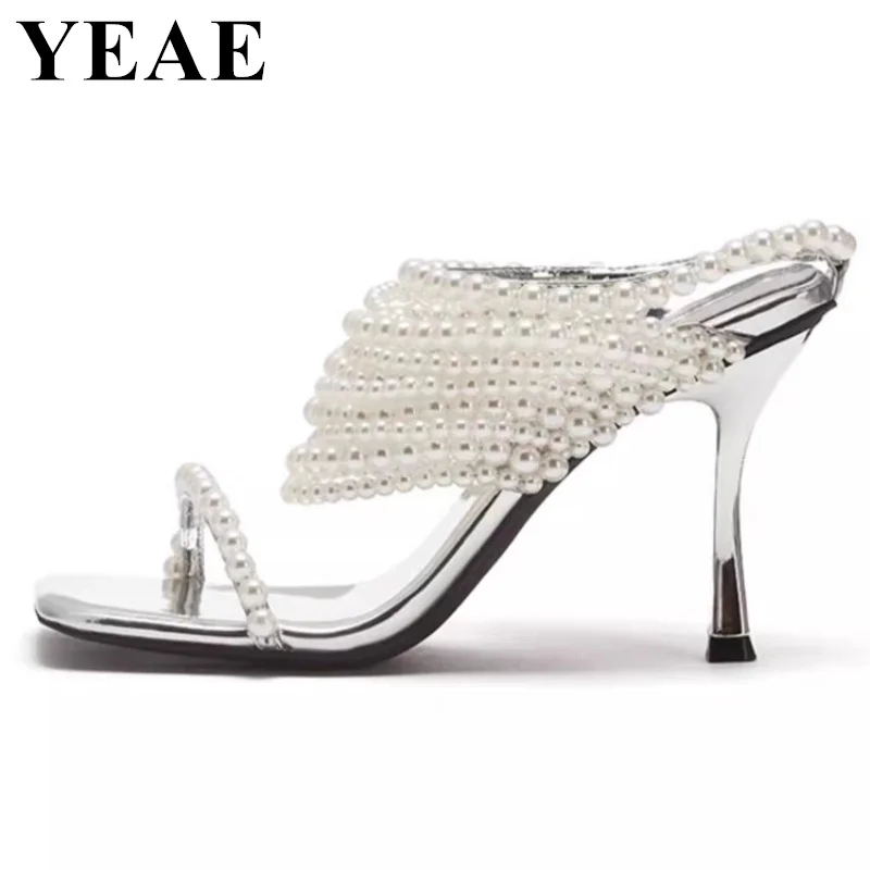 Luxury Designer Women String Bead Pearl Sandals 2024 Summer High Heels Ladies Slippers Fashion Banquet Party Wedding Shoes Bride