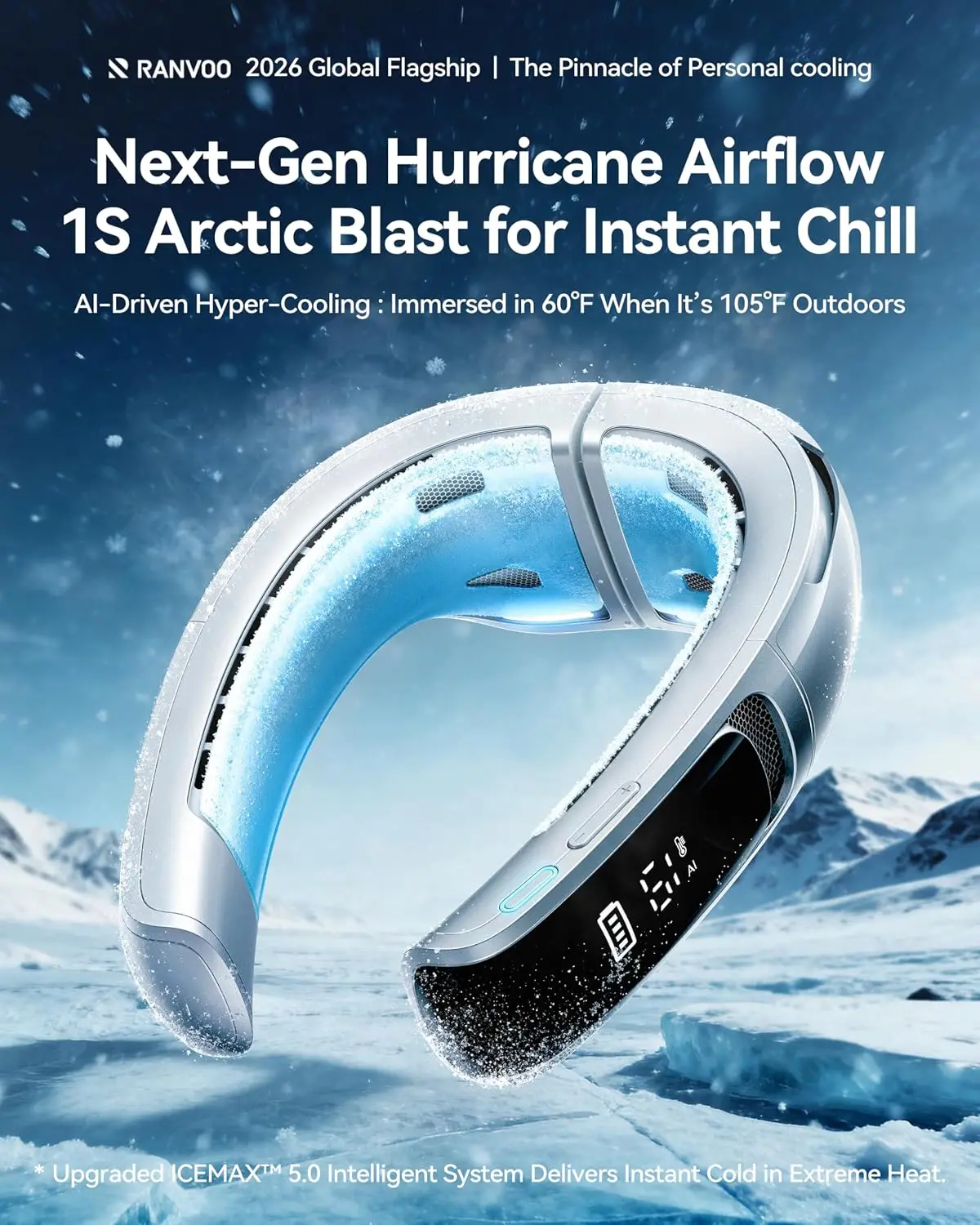 AICE LITE MAX 2026 AI Neck Air Conditioner, Real AC Neck Cooling Fan Silver | [No.1 Coolest & Most Durable] 6000mAh Rechargeable