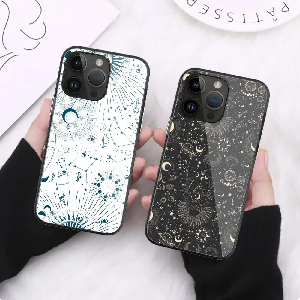 

Sun, Moon and Star Phone Case For iPhone 15 Pro Max14 13 12 Mini 11 XR XS 8 7 Plus Black Art Glass Cases